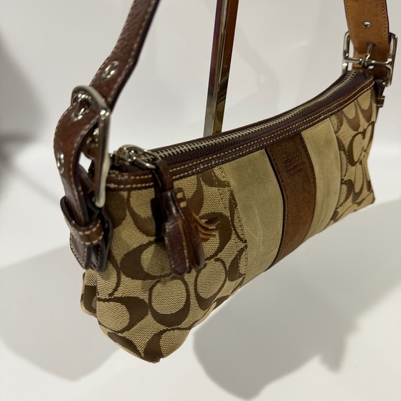 Vintage Coach Signature Brown Suede Stripe Monogram Demi Baguette Shoulder Bag - Picture 4 of 13